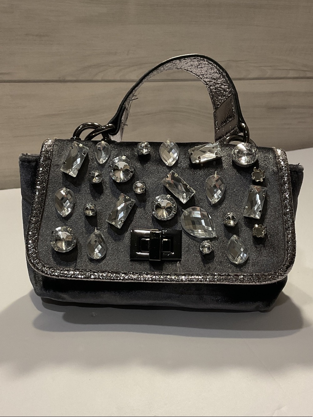Steve Madden Gray Valera Velvet Mini Top-Handle Bag with Crystal Accents